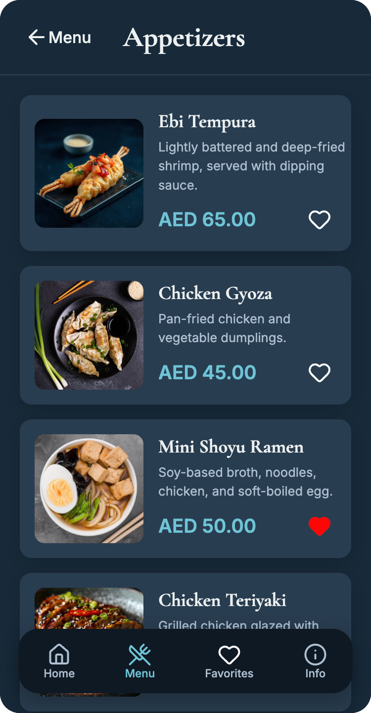 Digital menu item list