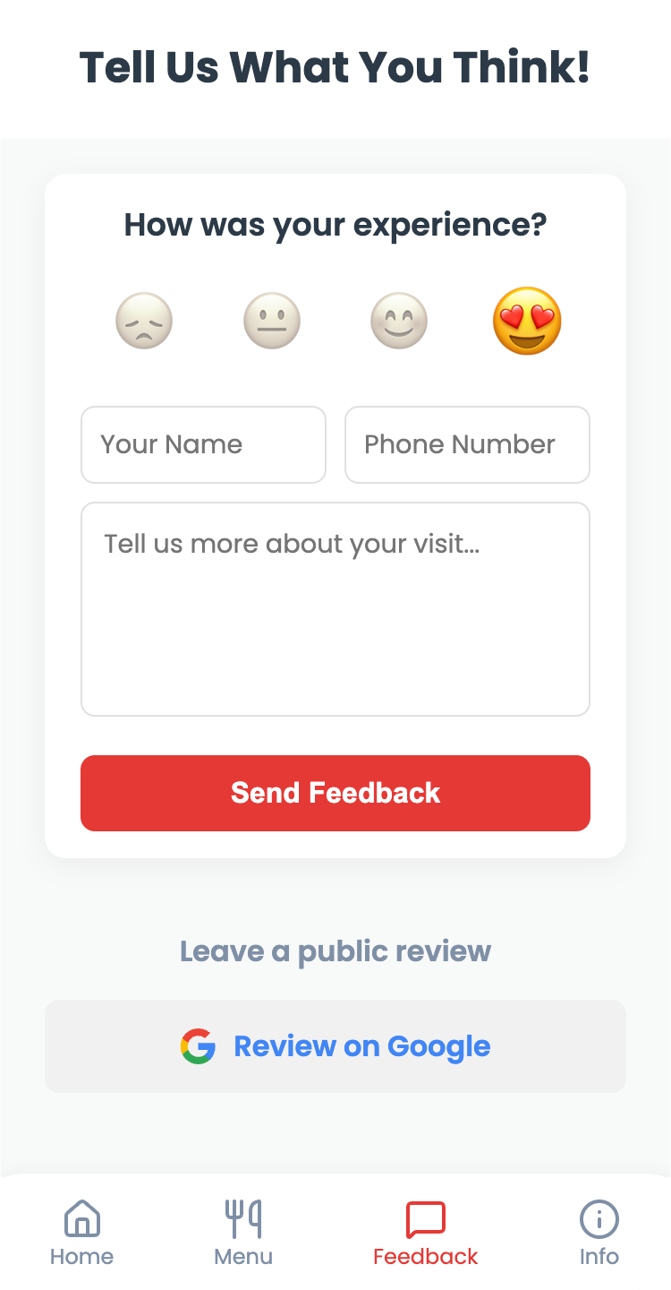 Digital menu feedback page